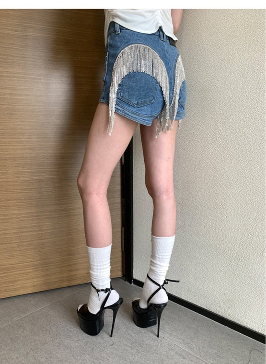 Women's Rhinestone Tassel Chain Stitching Denim Shorts