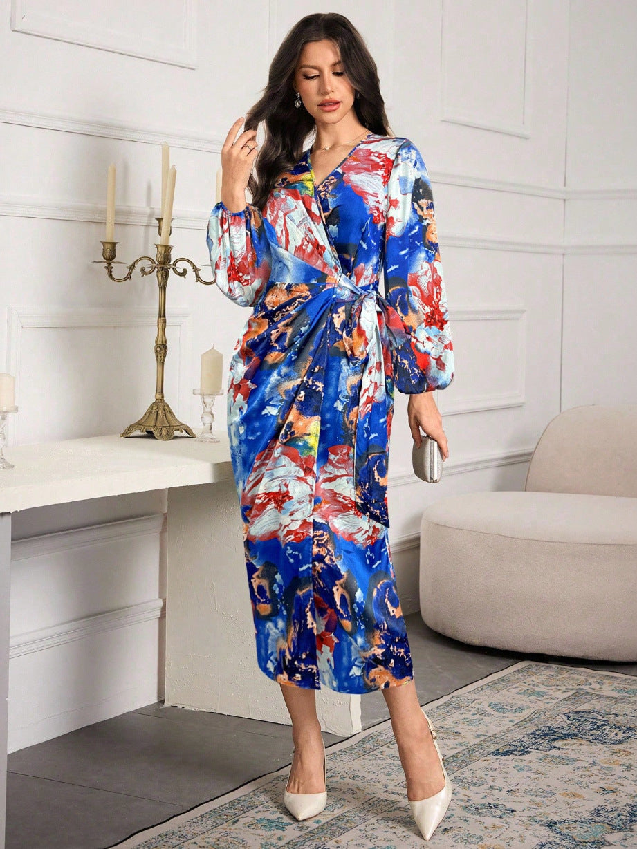 Printed V-neck Cardigan Lace-up Slim-fit Dress
