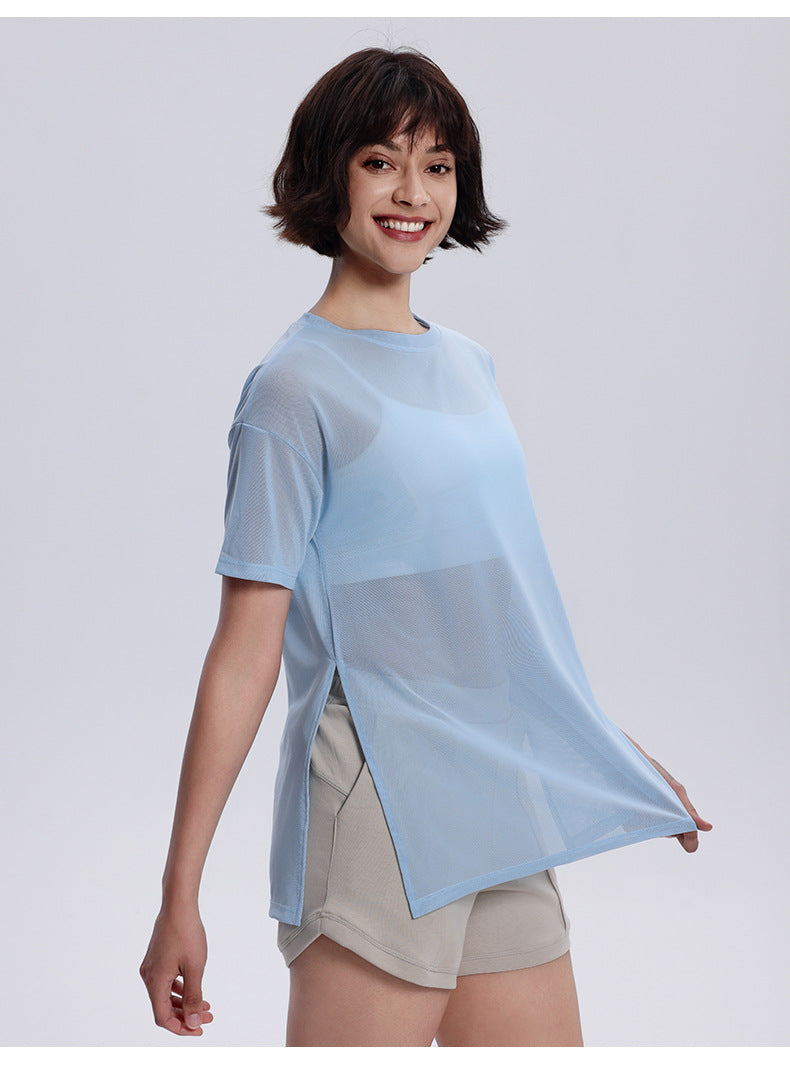 Summer Yoga Short Sleeve Women's Mesh Side Slit