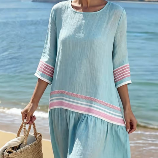 Women'S Casual Color-Block Cotton And Linen Dress