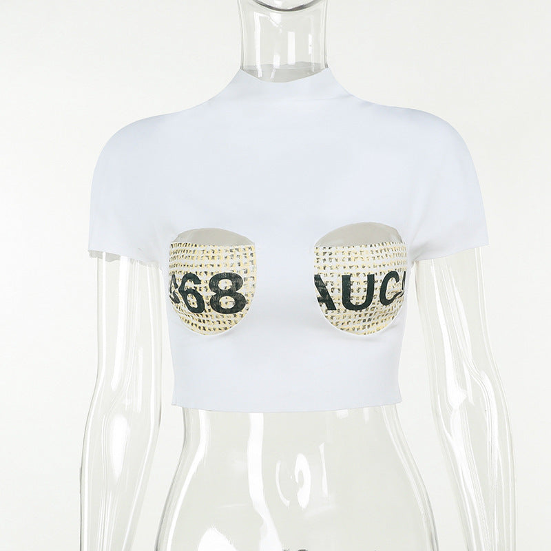 Half Turtleneck Printed Sexy Hollow Short Sleeve
