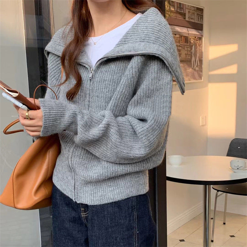 Korean Style Idle Style Large Lapel Knitted Cardigan Zipper Coat