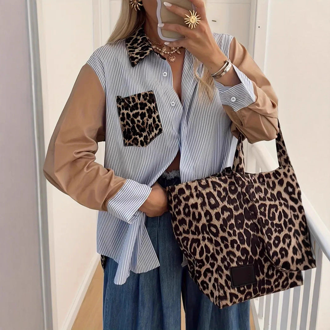 Dame Løs Leoprint Patchwork Stribet Skjorte
