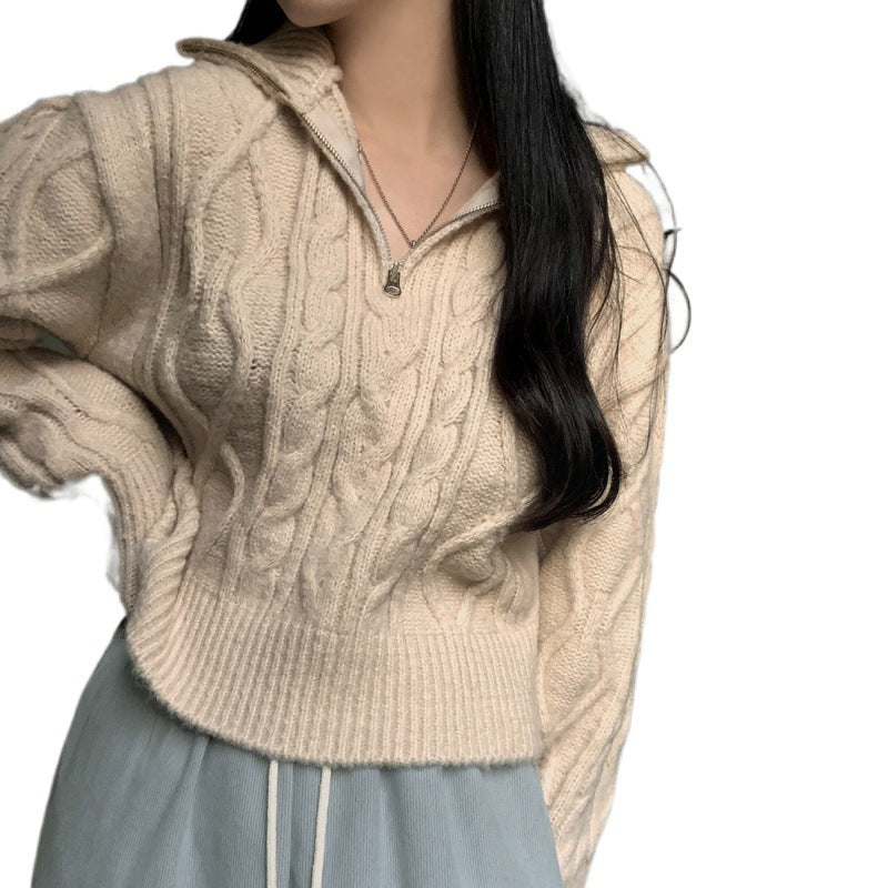 Retro Elegant Twist Zipper And Lapel Long Sleeve Sweater