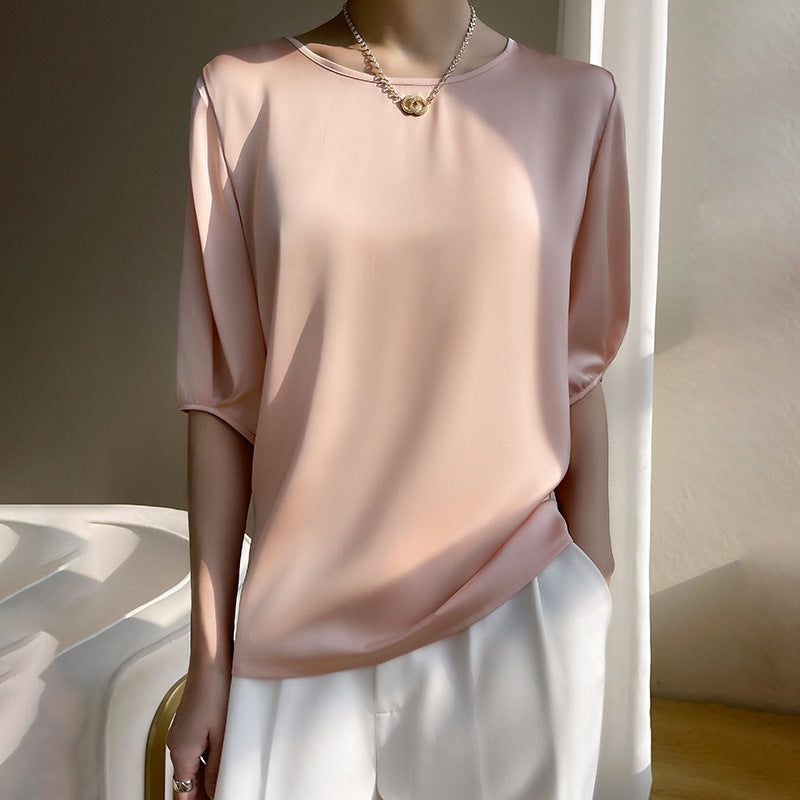 Dame Rund Hals Morbærsilke Løs Satin Kort Is-silke T-shirt Top