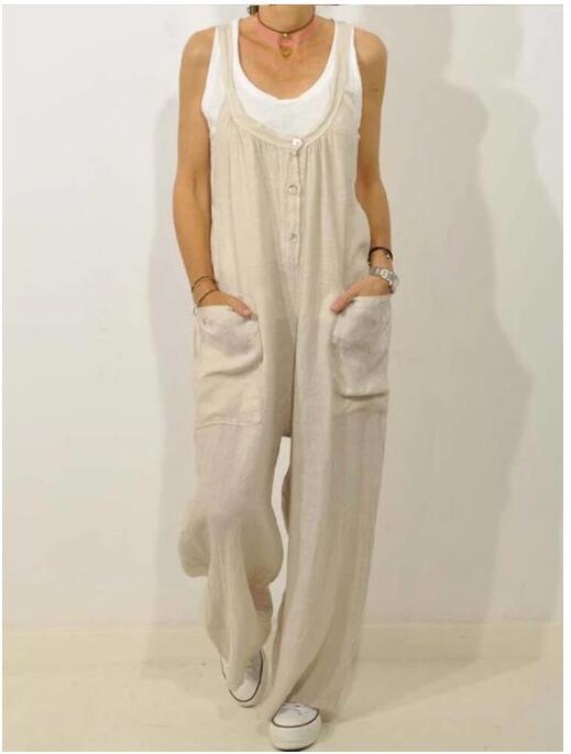 Pocket Solid Color Elastic Button Romper