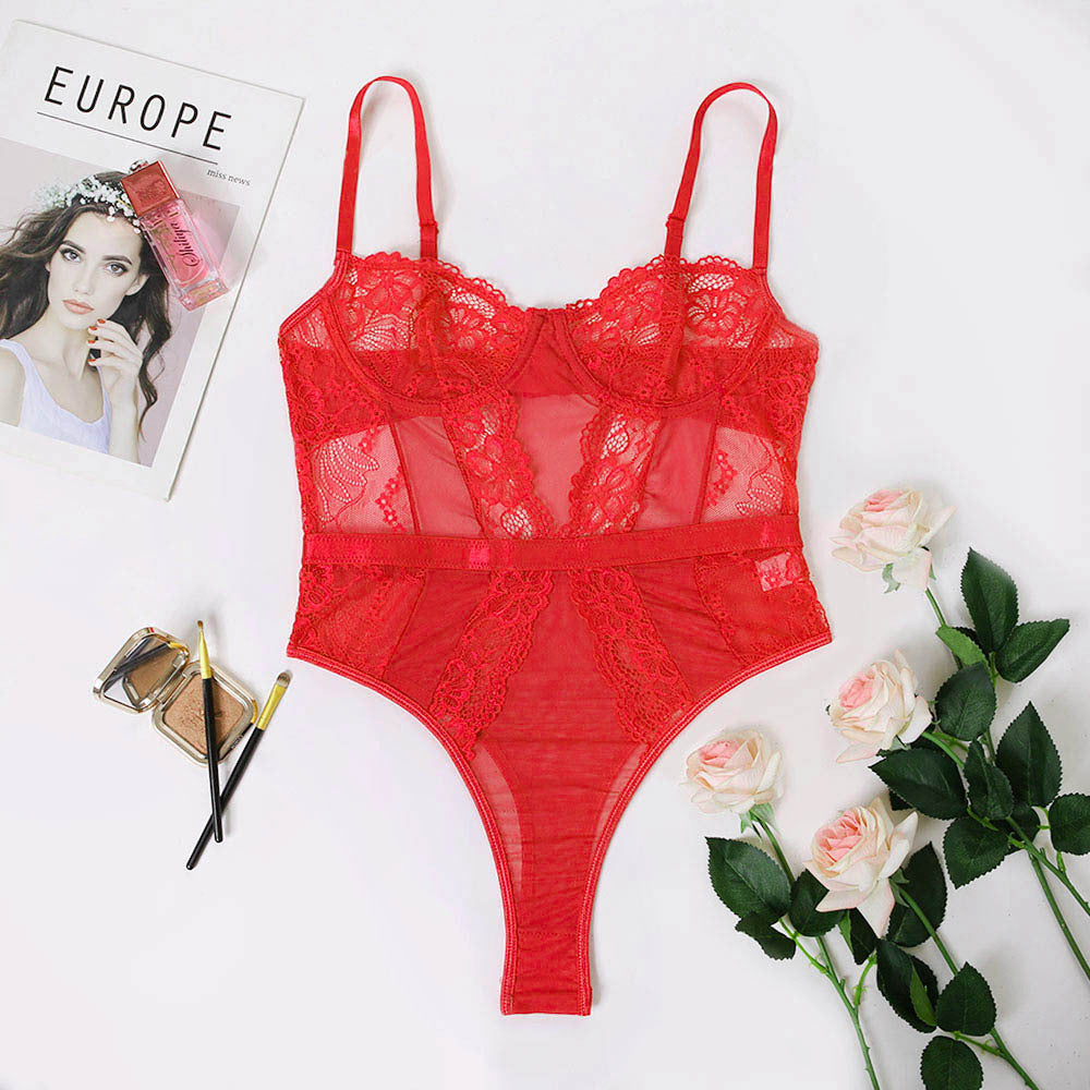 Womens Sheer Lace-trimmed Polyester Jumpsuit