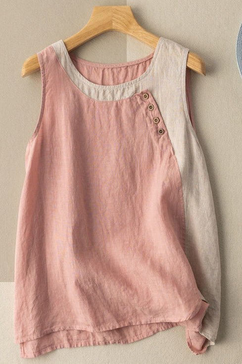 Hemp Color Matching Vest Button Decoration Color Contrast Art Retro