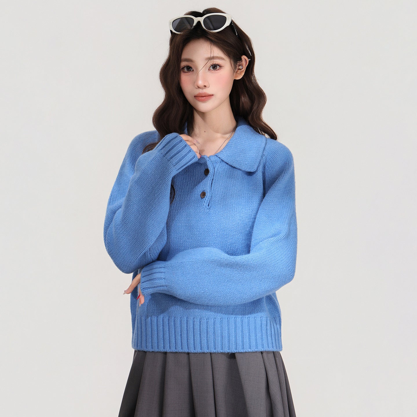 Blue Lapel Knitted Sweater Women's Top