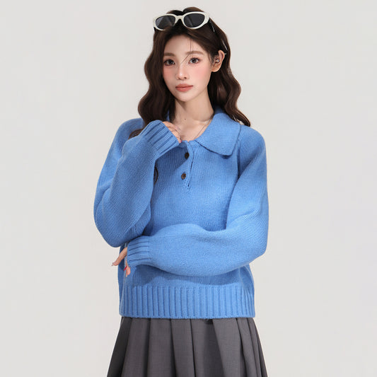 Blue Lapel Knitted Sweater Women's Top