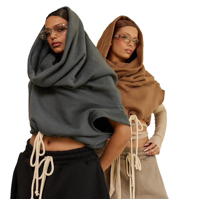 Womens Casual Oversized Collar Sleeveless Drawstring Hooded Sweatshirt