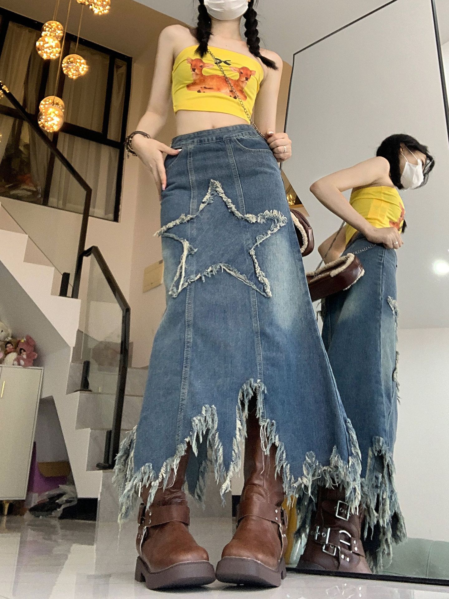 Washed Denim Skirt Women's Five-pointed Star Patch