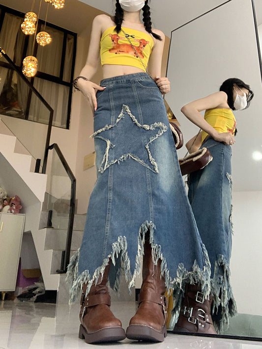 Washed Denim Skirt Women's Five-pointed Star Patch