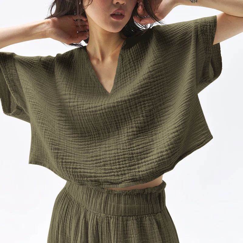 Female Simplicity Short Pure Cotton Gauze Casual Top