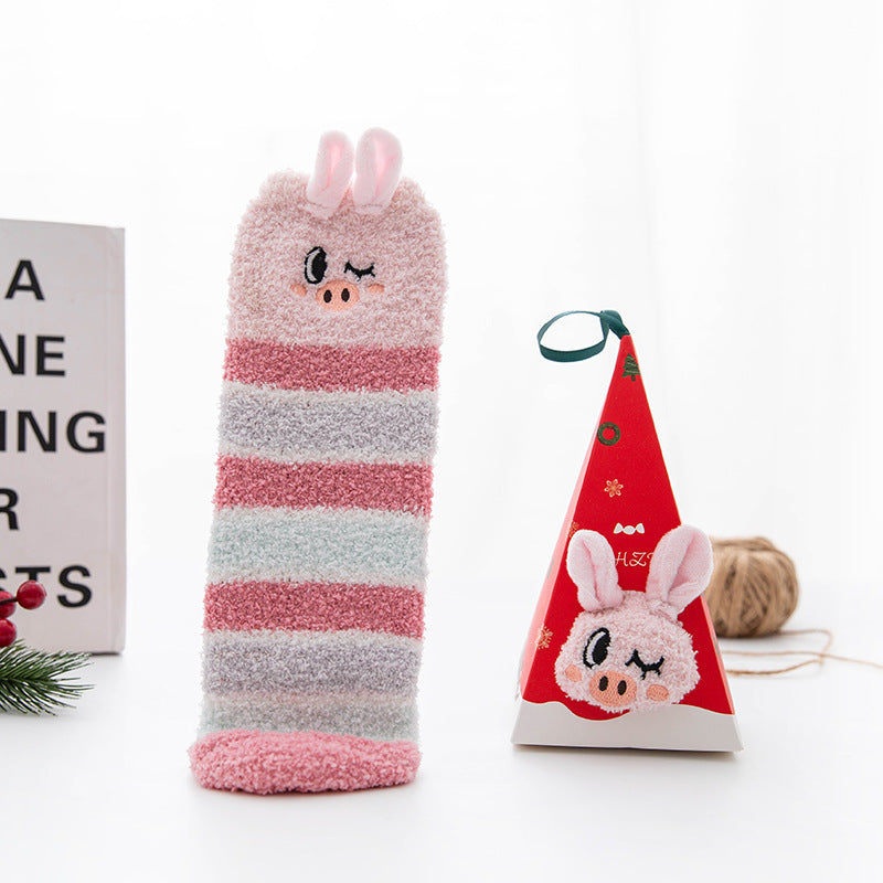 Christmas Stocking Triangle Boxed Coral Velvet Floor Socks Thickened
