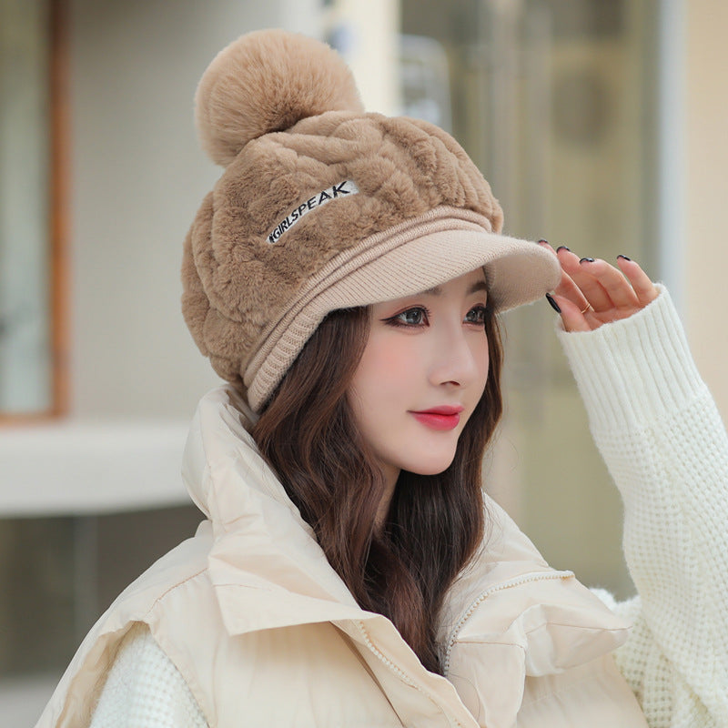 Rabbit Fur Warm Peaked Cap Cute Winter Fur Ball Cold Protection Hat