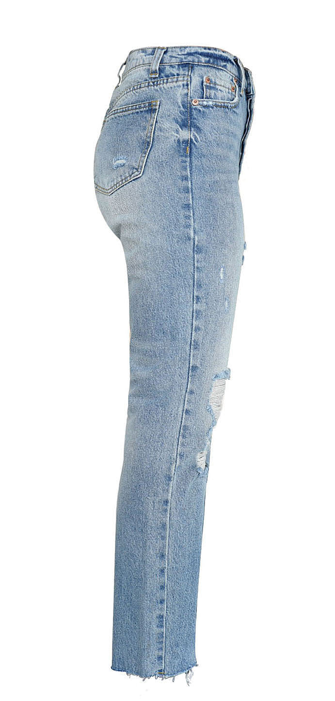 Washed cat whiskers straight frayed jeans