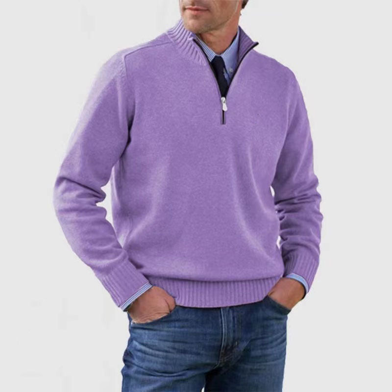 Sweater til mænd med lynlås og opretstående krave Vintermode Ensfarvet Strikket Langærmet Top Tøj