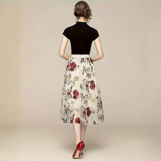 Women's Vintage High-waisted Embroidered Peony Midi Skirt