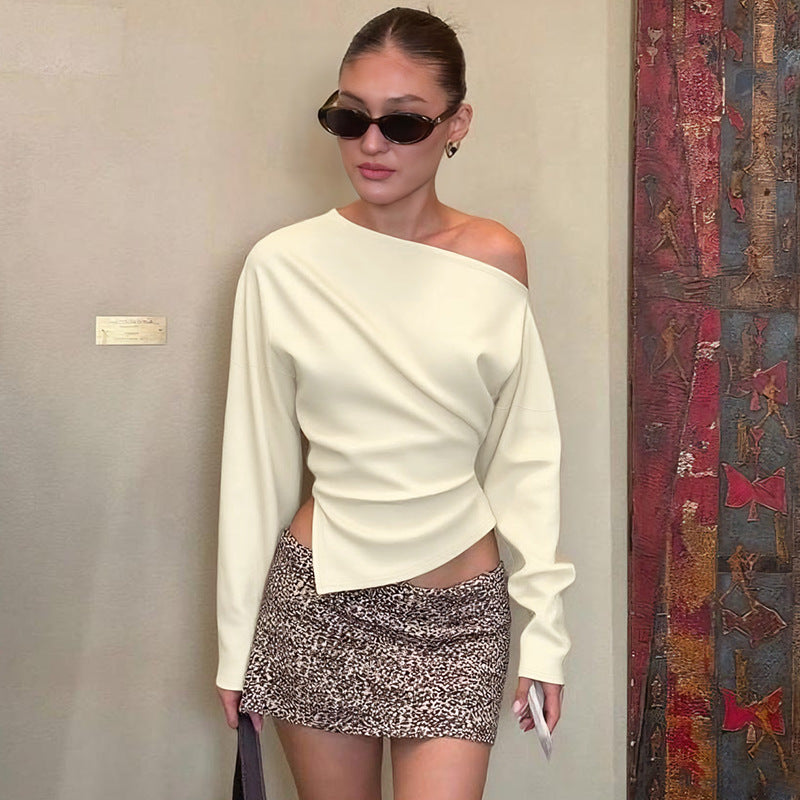 Women's Fashion Simple Shoulder Stretch Slim Fit Slit Long Sleeve Top