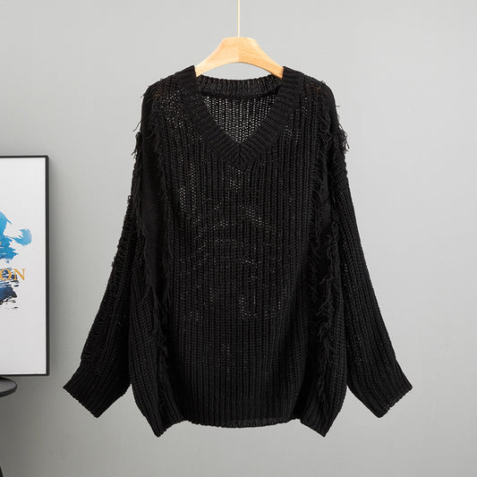 Løs V-hals Top med Kvast, Langærmet Pullover i Afslappet Stil til Kvinder
