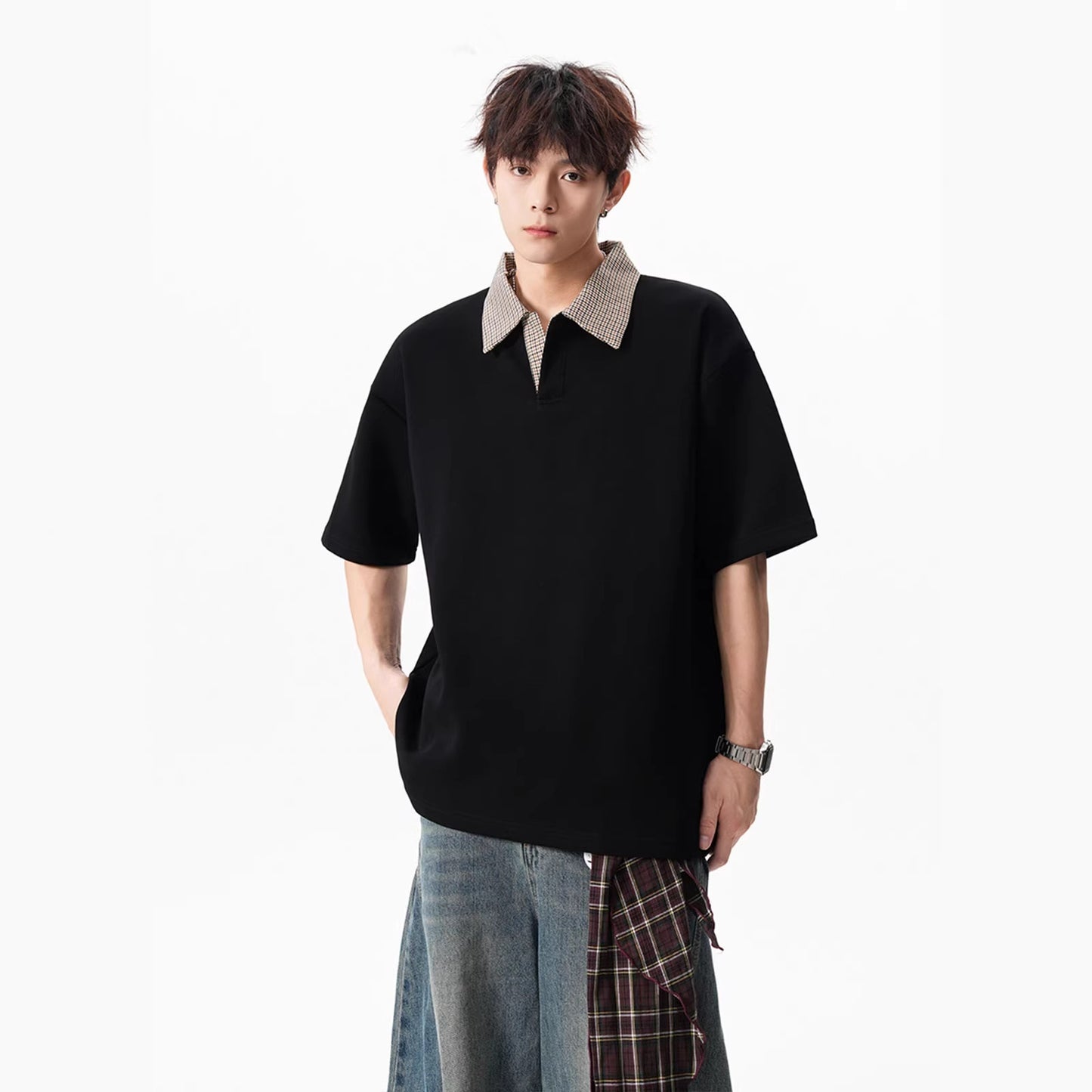 Loose-fit Lapel Short-sleeve Contrast-color Casual Top For Men