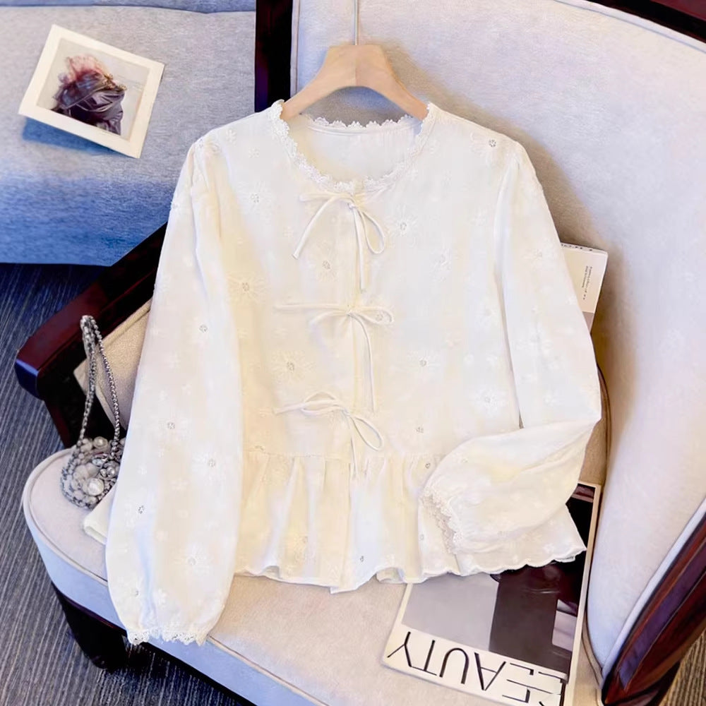 Korean-style Instagram-inspired Patchwork Lace Embroidered Long-Sleeve Womens Blouse