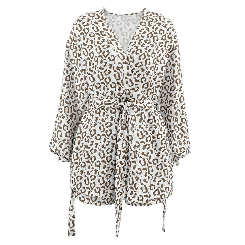 Printed Loose-fitting Long-sleeve Nightgown And Shorts Spring Pajamas