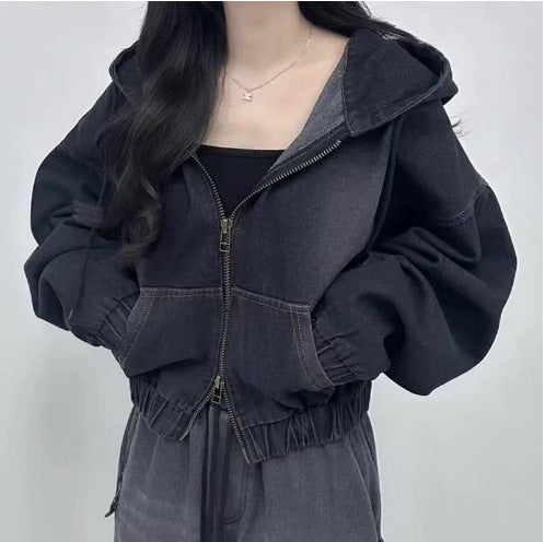 Hong Kong Style Elegant Double Zipper Loose Leisure Short Long Sleeve Hooded Denim Jacket