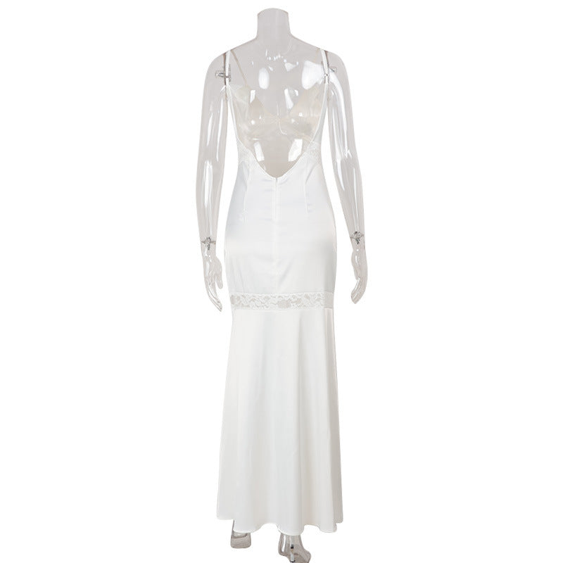 V-neck Slip Maxi Dress With Lace Paneling Evening Gown