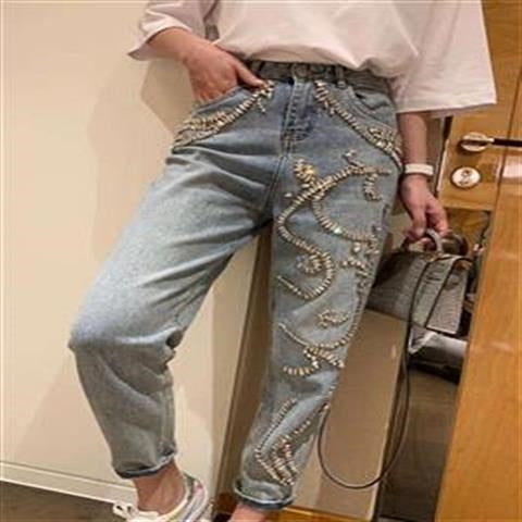 Women's Simple Loose Diamond High-Waist Jeans