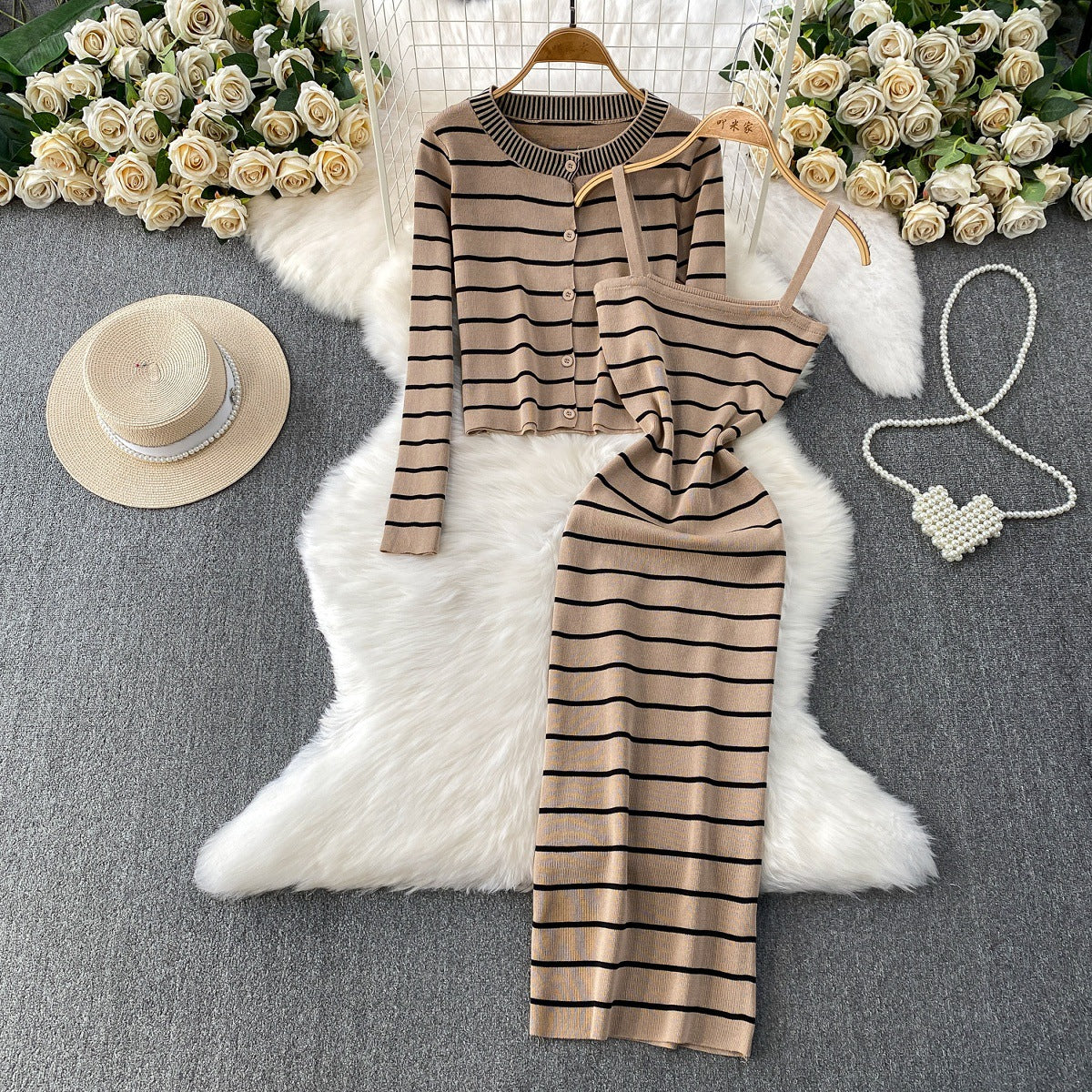 Elegant Striped Slip Dress And Knitted Cardigan Set