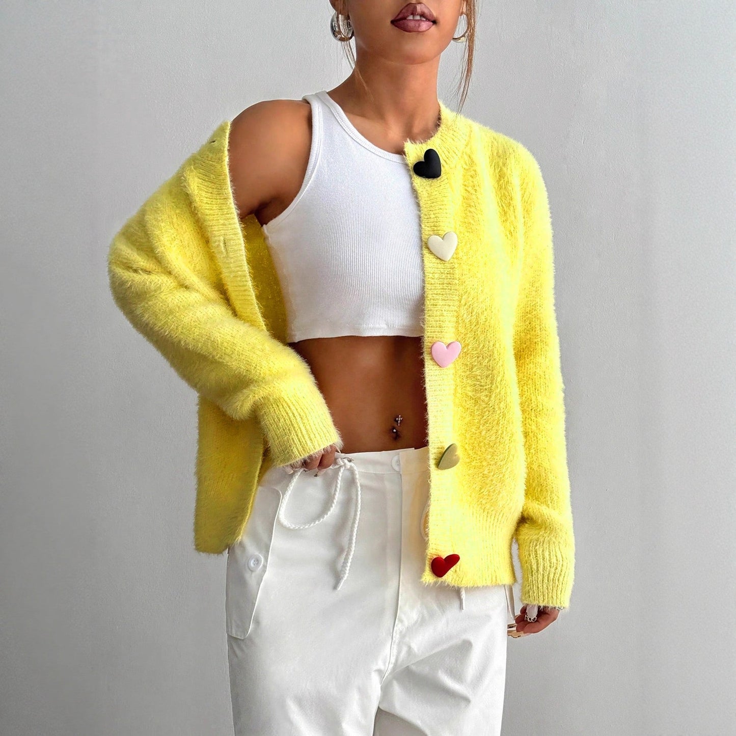 Crew Neck Casual Color Heart-shaped Button Sweater