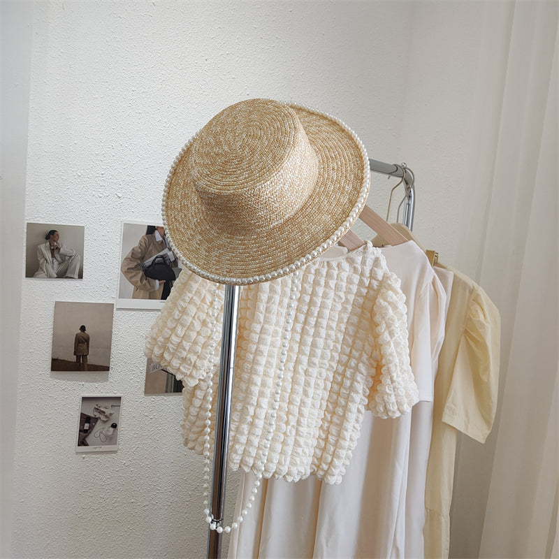 Women's Hand Sewn Pearl Flat Top Straw Hat