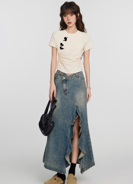 White Cat Round Neck Shoulder Short Sleeve