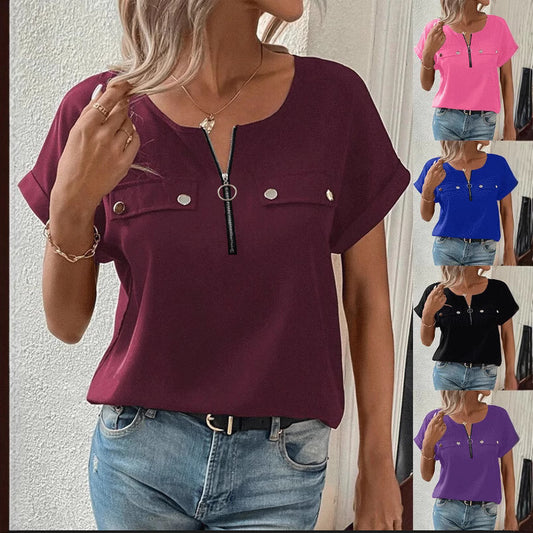 Womens Zipper-Button Top Fashionable Casual T-Shirt For Women