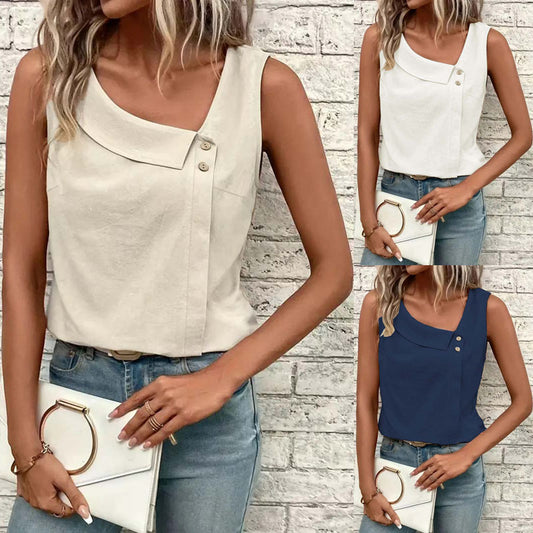 Multi-Color Casual Diagonal Collar Button Vest For Women