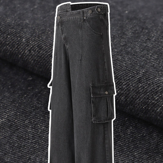 Retro Deconstructed Oblique Placket Wide-leg Workwear Jeans