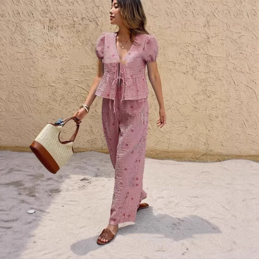 Womens Striped Front-Placket Puff-Sleeve Shirt And Pants Set