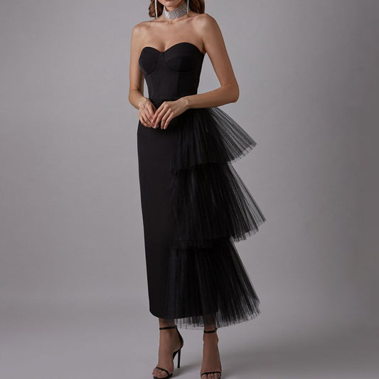 Evening Gown Long High-elastic Pleated Mesh Sheath Dress