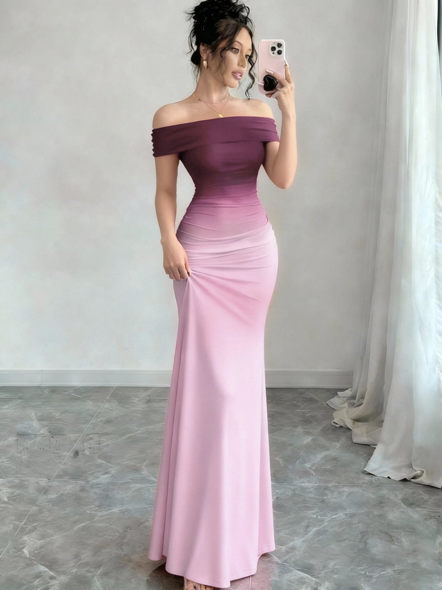 Gradient One Shoulder Sheath Maxi Dress