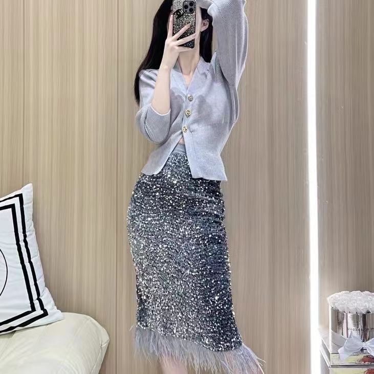 Fashion Women's Velvet Feather Tassel Long Dress
