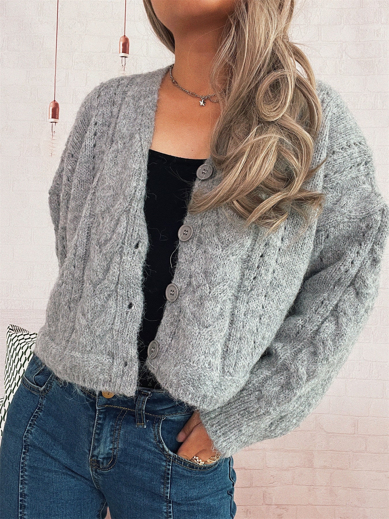 Casual Short Twist Hollow-out Knitted Cardigan Single-breasted V-neck Sweater