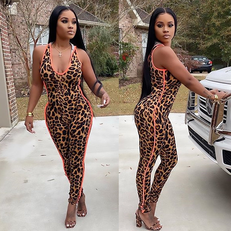 Women's Deep V Leopard Splicing Slim Vest Jumpsuit