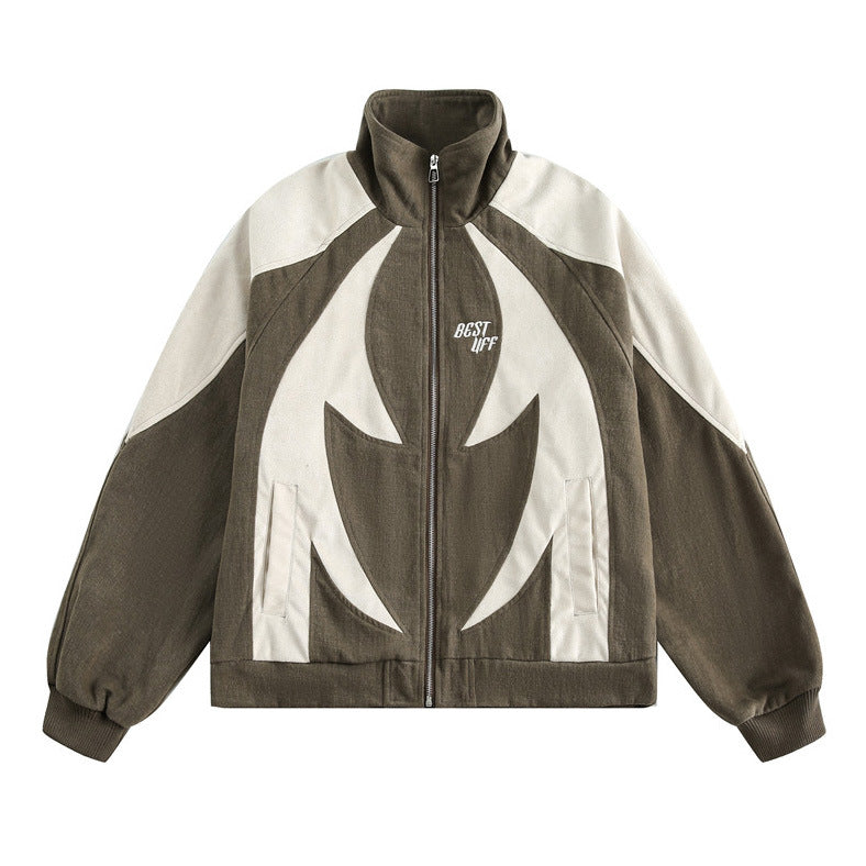 Street Fashion Color Contrast Patchwork Stand Collar Loose Jacket Men