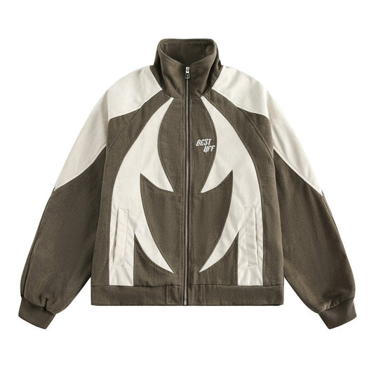 Street Fashion Color Contrast Patchwork Stand Collar Loose Jacket Men