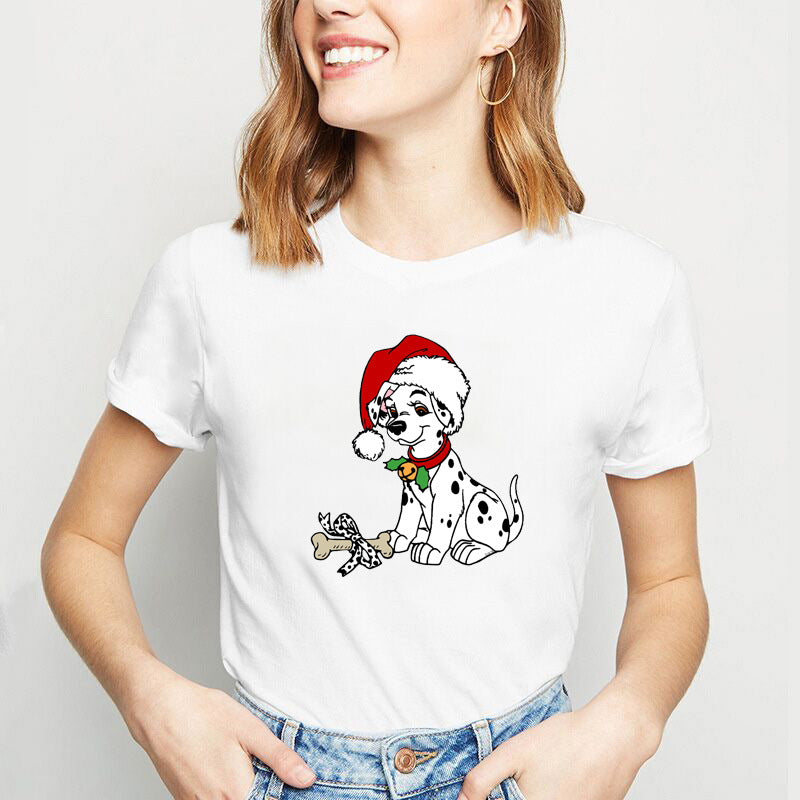 Christmas Lady Cute Dog Printed Short-sleeved Top Casual