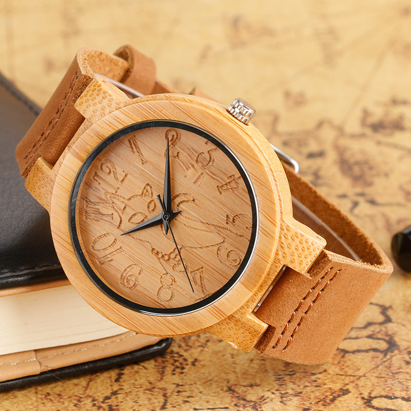 Bamboo wood craft quartz movement cat shape