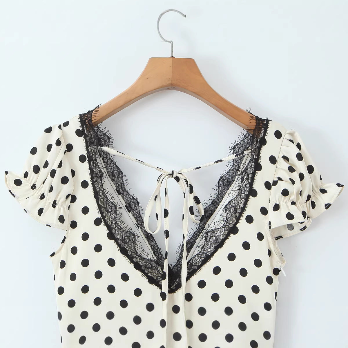 Casual Lace V-neck Design Printed Polka Dot Dress