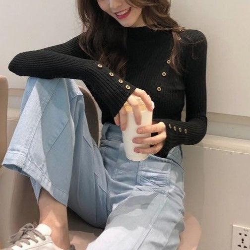 Autumn And Winter Button Half-high Collar Women's Sweater